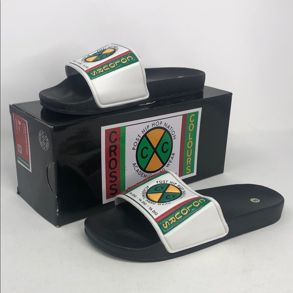 Cross Colours Green Yellow Black Label Logo Mens Hip Hop Slides - Size 8
